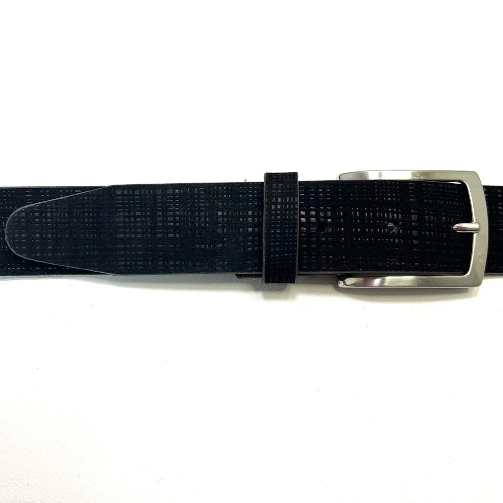 REMO TULLIANO Men Italian Leather Black Texture Belt 46 Silver Finish Buckle USA